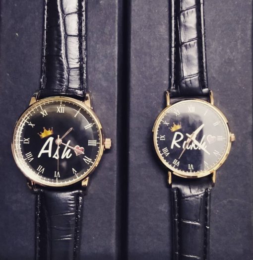 Customize Name Printed Black Dial Couple Watches